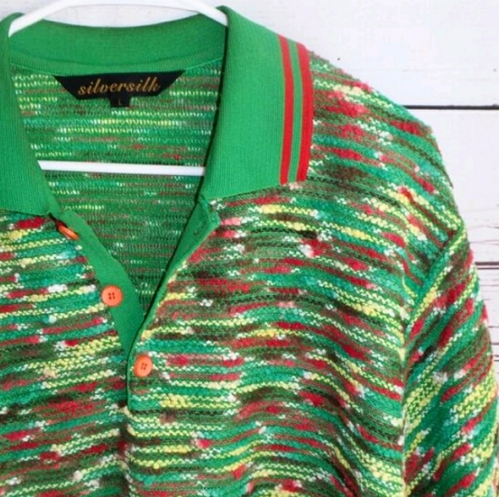Vintage Silversilk Funky Green Bumpy Shirt Lg